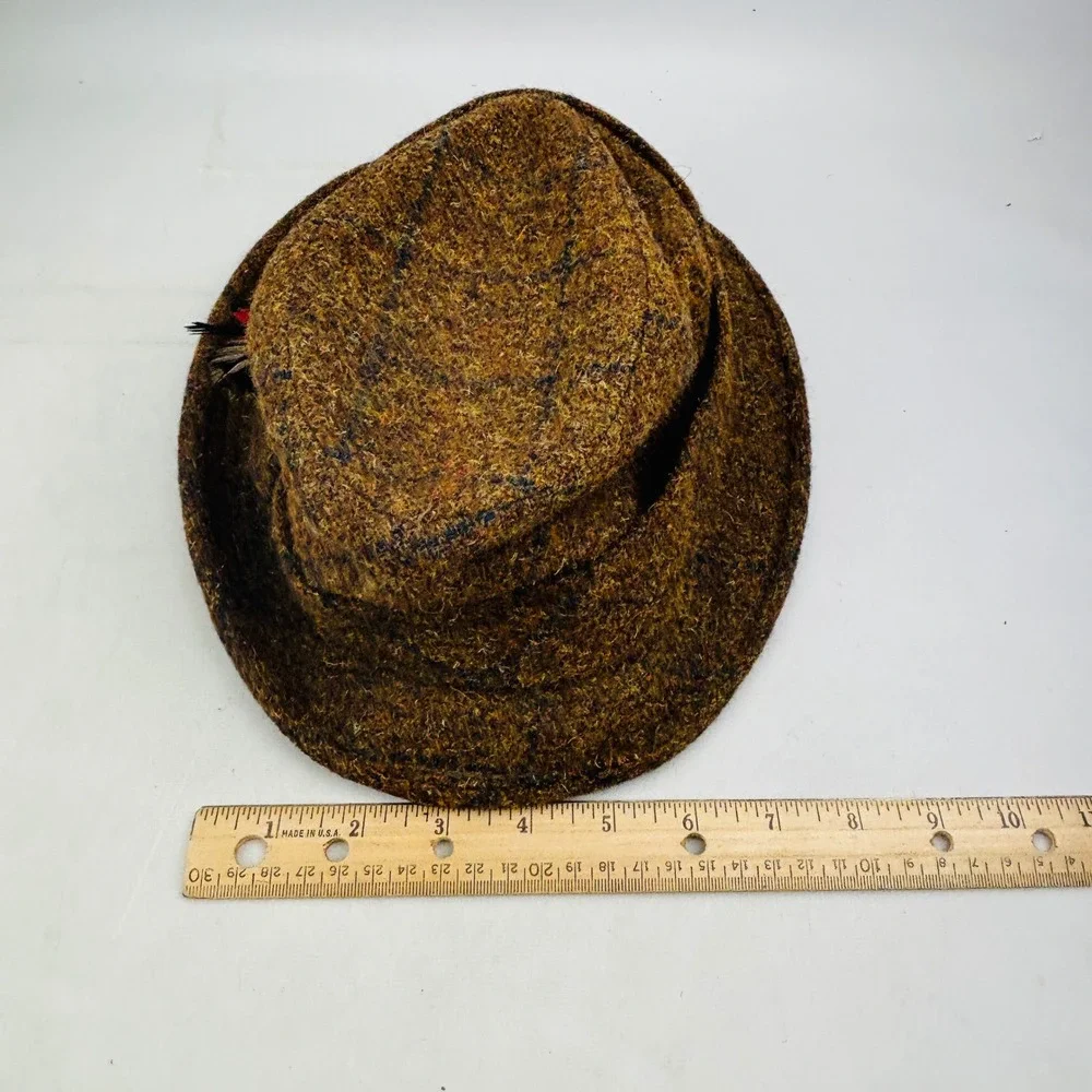 Vintage Dobbs Tweed Trilby Hat Mens 7 1/4 Brown Wool Feather Woollens Britain